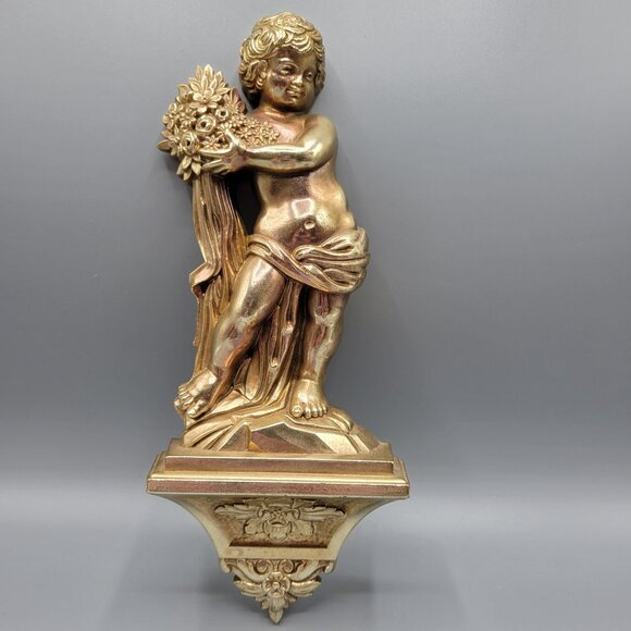 Vintage Syroco Gold Cherub Wall Shelf Sconce Flowers Design Made In USA 7140 - Picture 6 of 8